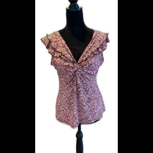 Susan Lawrence Blouse Large Pink Brown Sleeveless Ruffle V Neck + Stretch Top